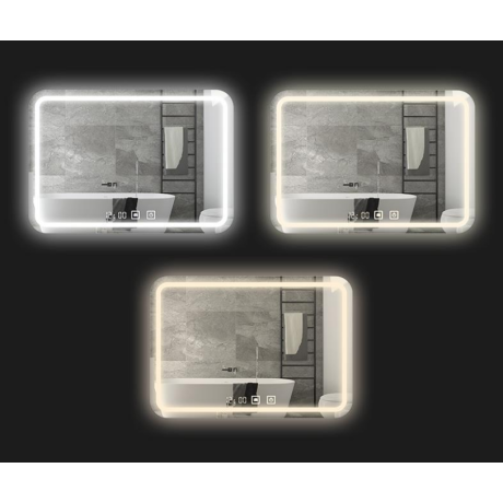 Miroir LED à l'avant, anti buée, affichages heure + date + température, 3 couleurs, rectangle / Diam. 60x80cm